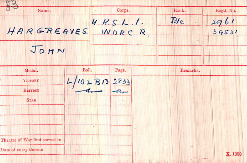 WWI Medal Rolls Index Card